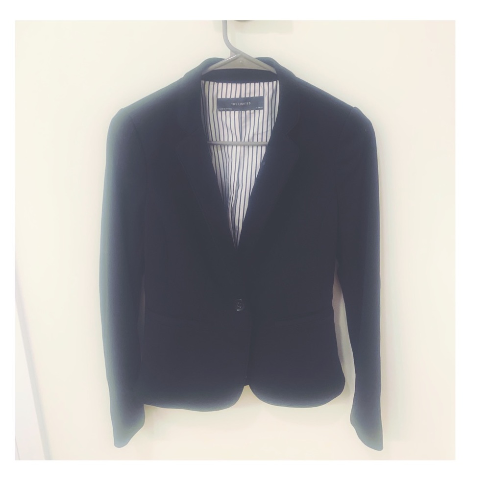 Black blazer with pin stripe detailing inside